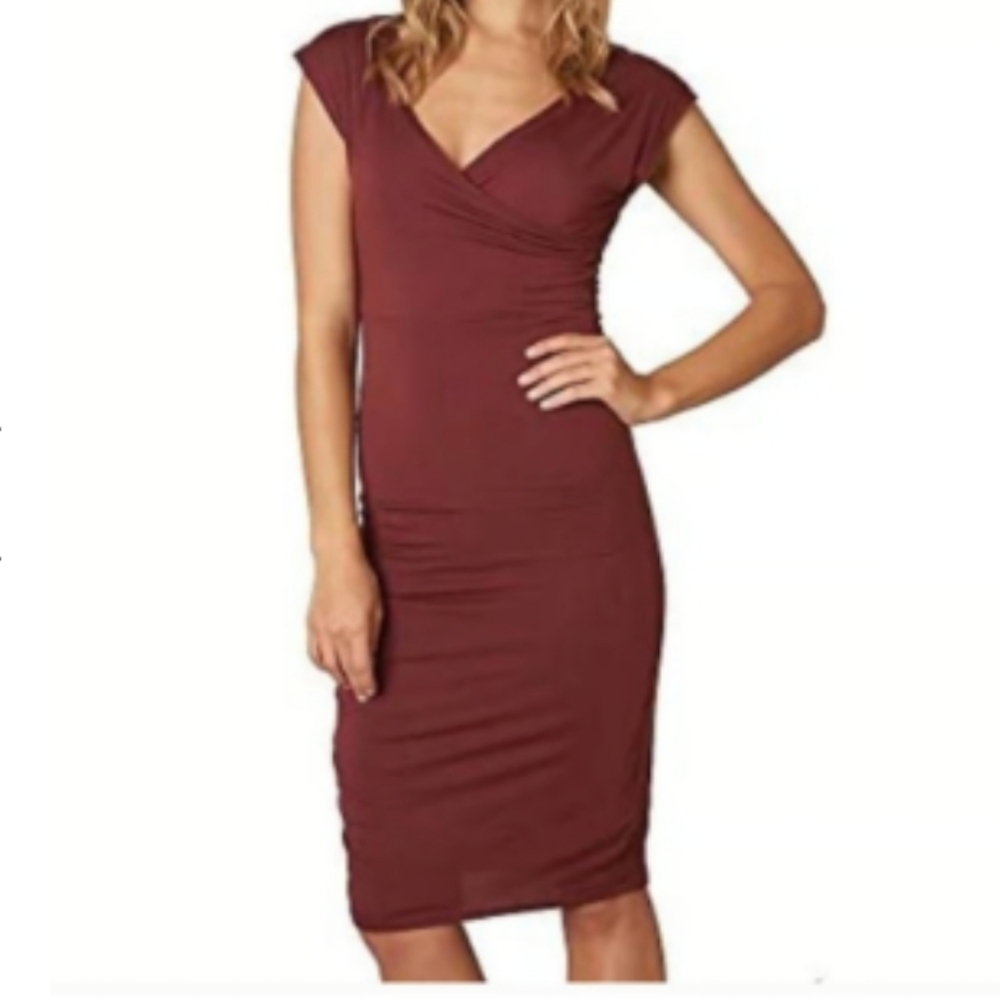 PrAna Women's Shayla Dress In Raisin Cap Sleeve Ruched Side Faux Wrap Size S - Picture 2 of 10